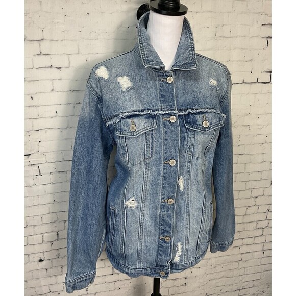 KanCan Women Blue Jean Jacket Sz Small Distress Raw Edge Stretch Pockets Denim T - Picture 2 of 12